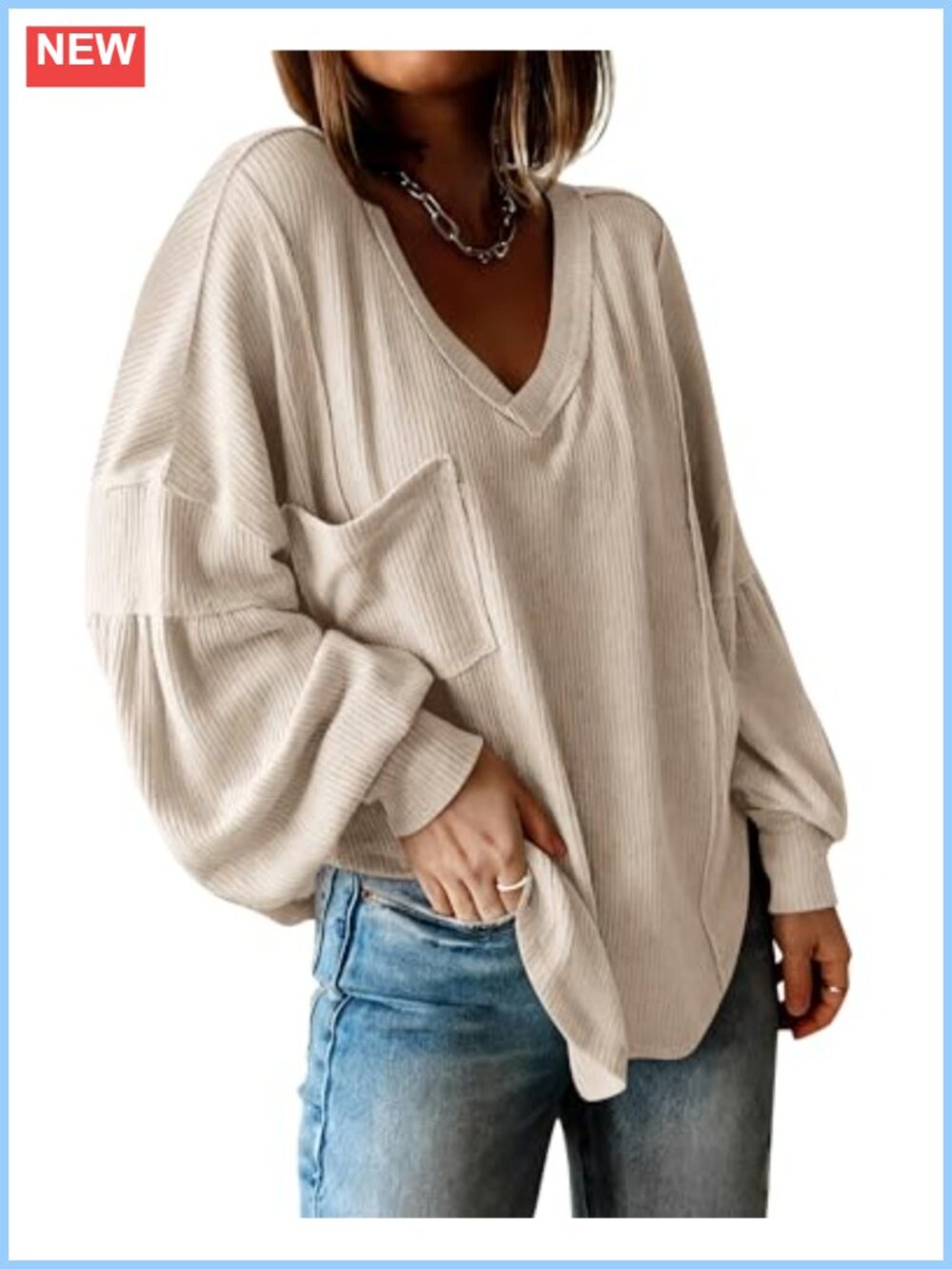 Women's Long Sleeve V-Neck Tunic Blouse Soft Ribbed Oversized